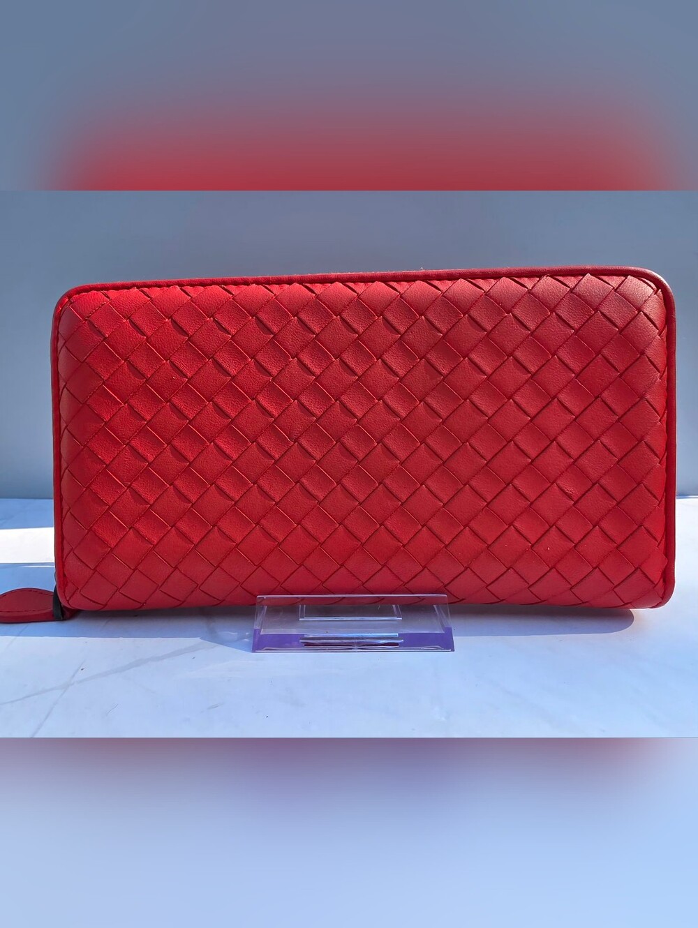 Bottega Veneta Intrecciato Orange Red Zip Around Wallet